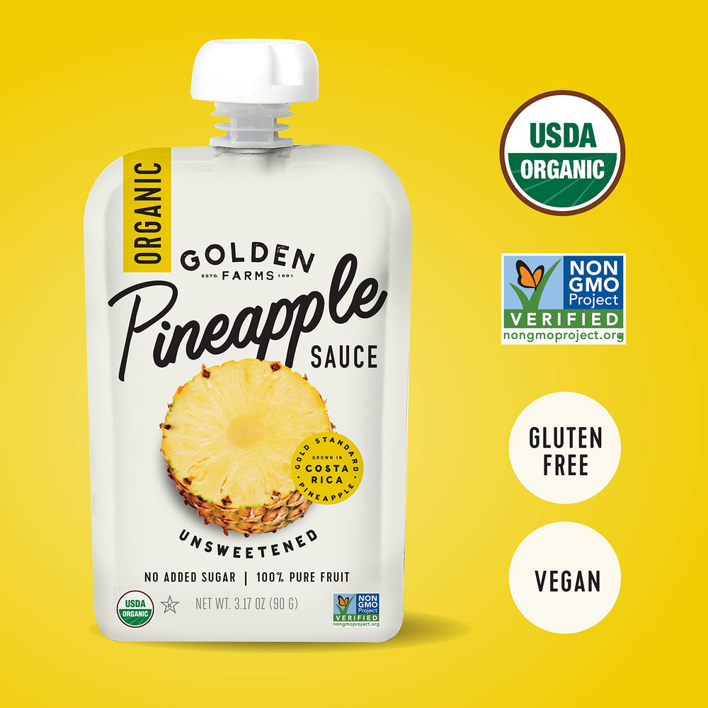 Golden Farms Pineapple Pouches closeup reveals juicy pineapple texture.