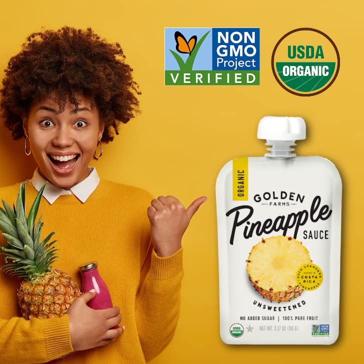 Golden Farms Pineapple Pouches ingredients label highlights 100% fruit, no added sugar.