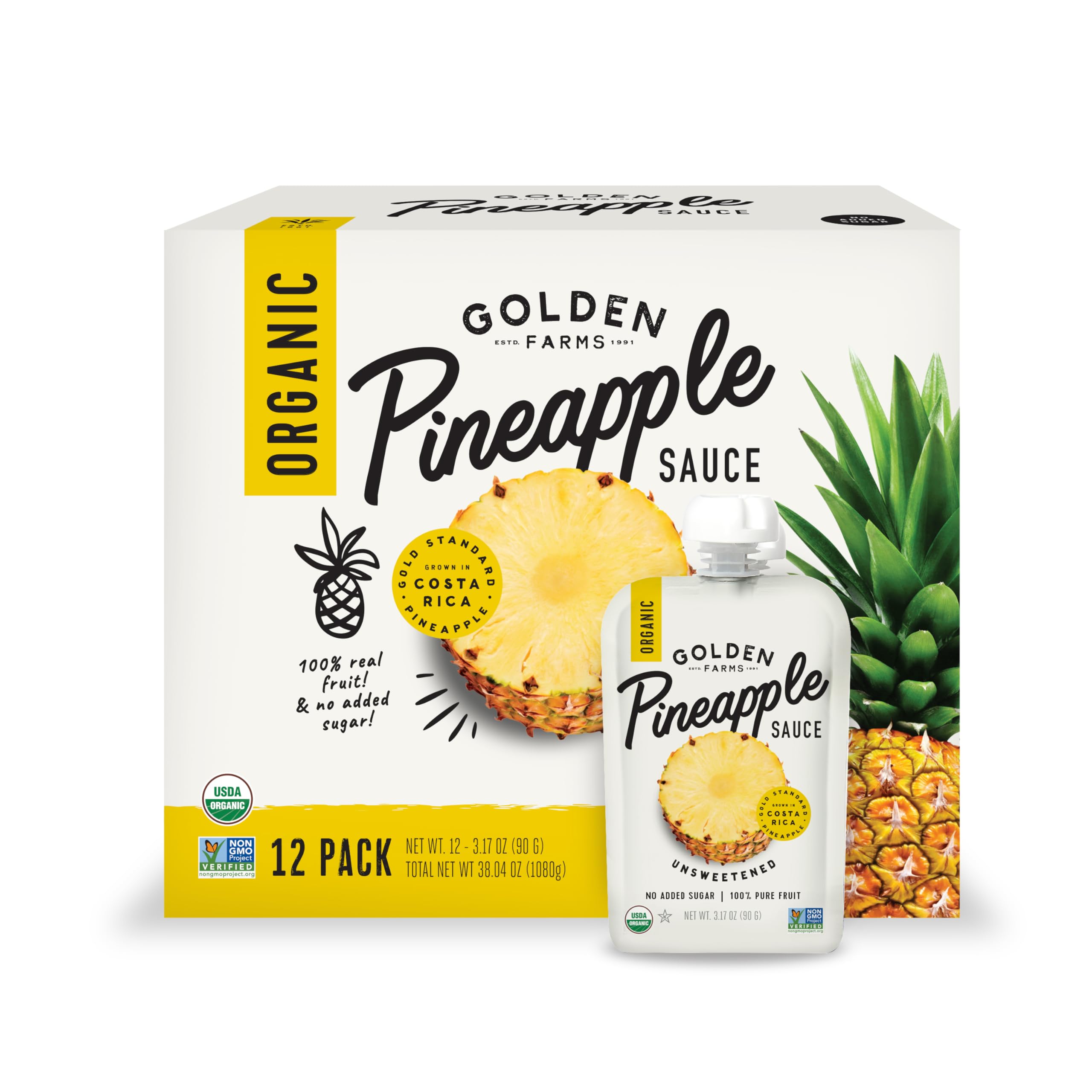 Golden Farms Pineapple Pouches packaging shown as a portable snack option.