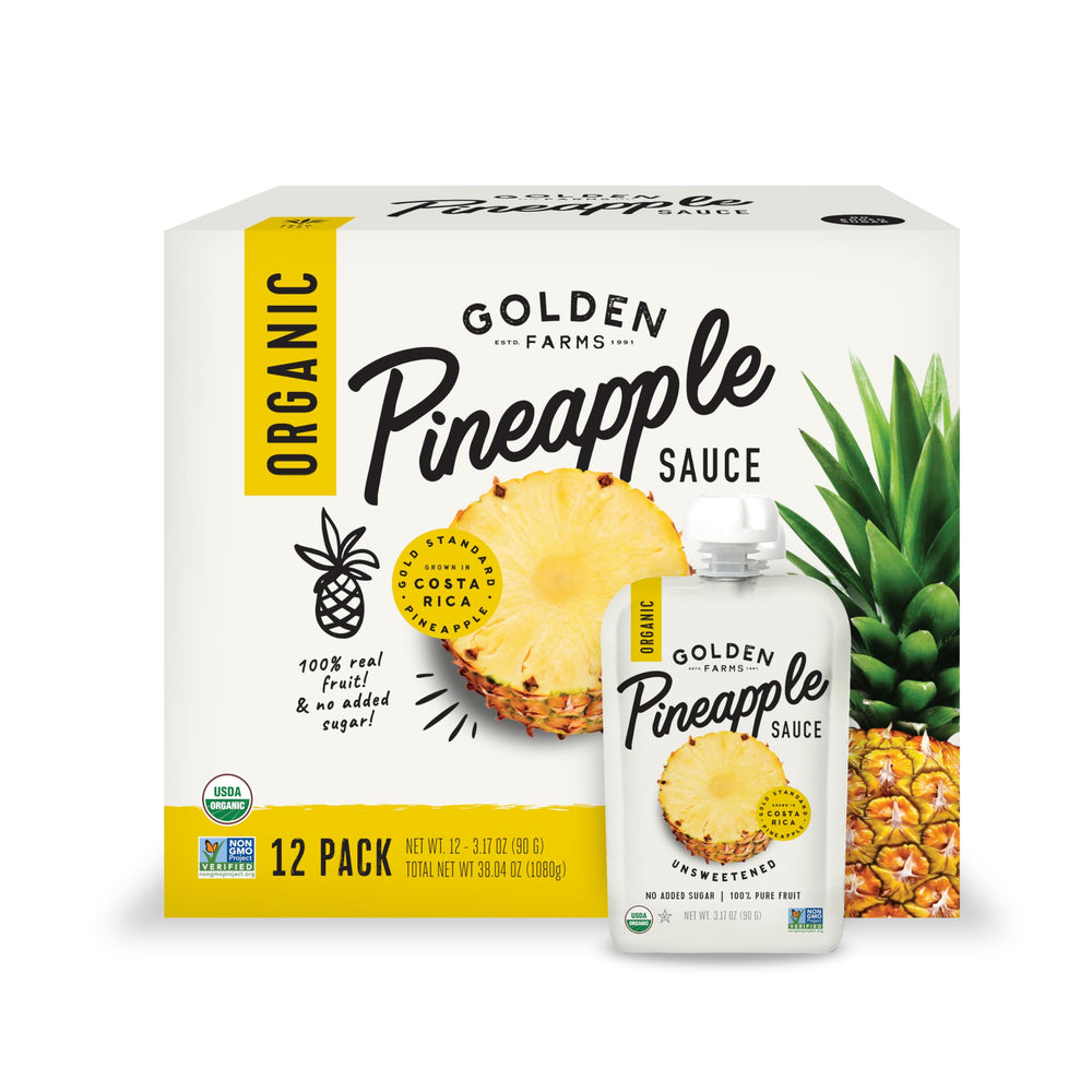 Golden Farms Pineapple Pouches packaging shown as a portable snack option.