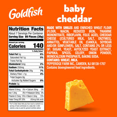 Goldfish Baby Cheddar crackers closeup highlighting real cheddar cheese.