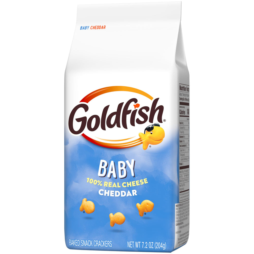 Goldfish Baby Cheddar crackers smiling kids snack time, classic favorite.