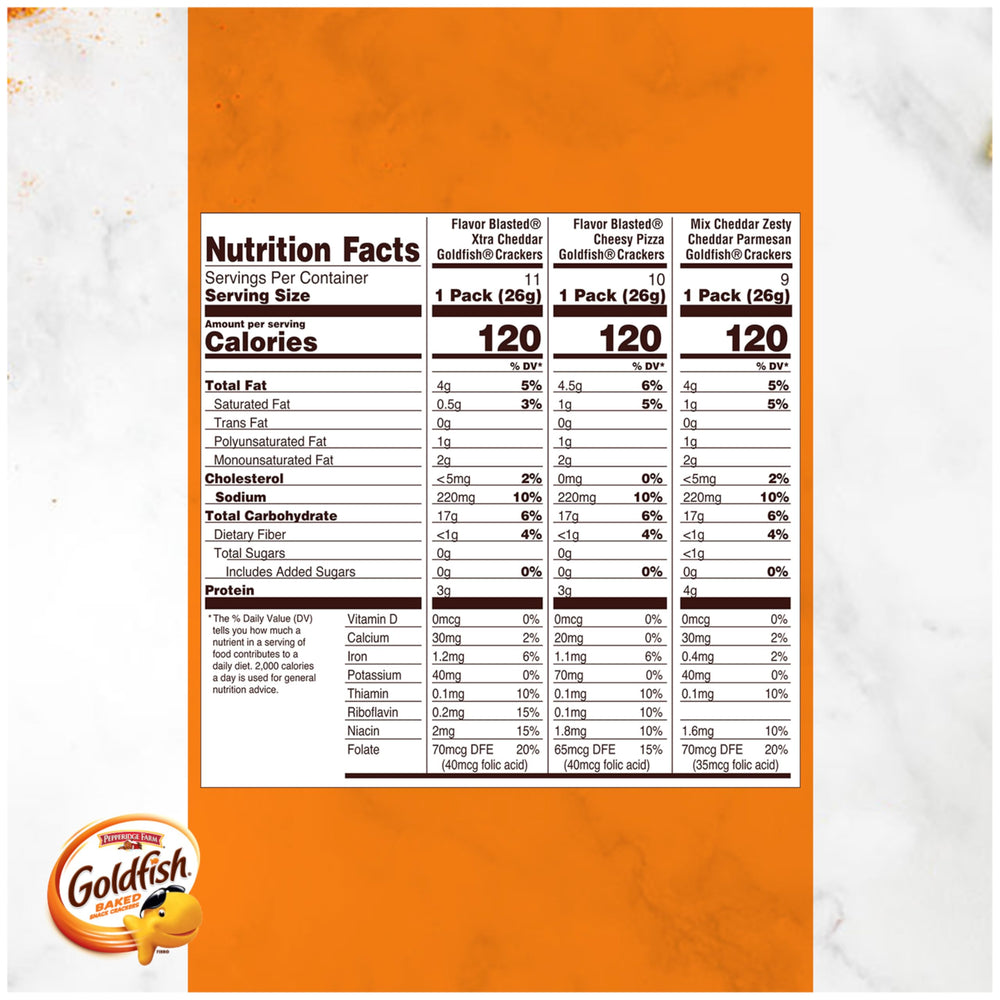 Goldfish Bold Mix Variety Pack flavors display with three cheesy options
