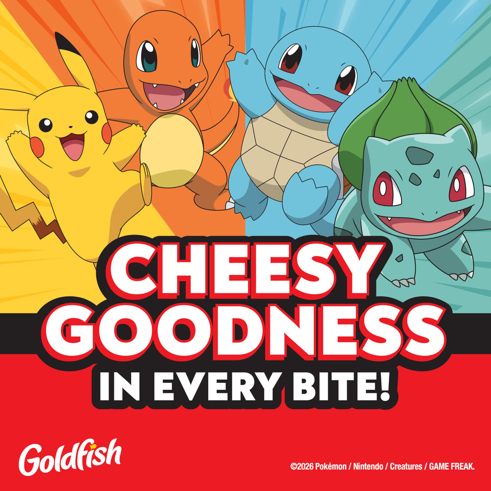 Hand holding Goldfish Charmander bag to show Goldfish portable snack size