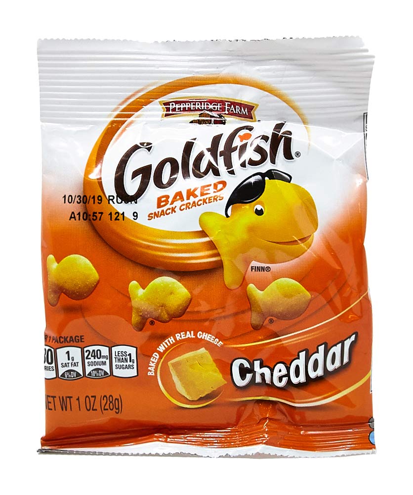 Goldfish cheddar 1 oz front pack showing portioned snack and convenience
