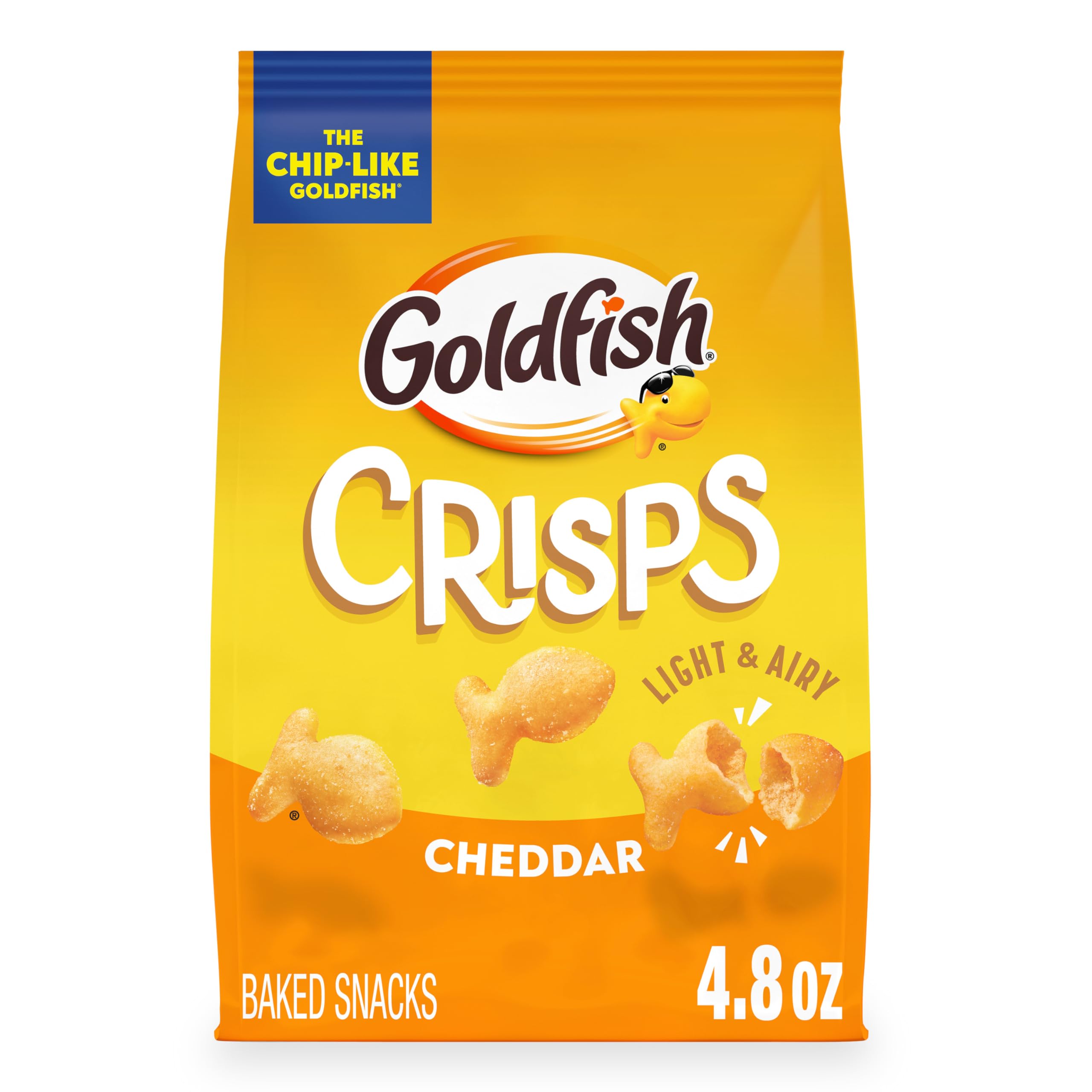Goldfish cheddar baked crackers in bag, crisp and savory.