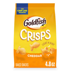 Goldfish cheddar baked crackers in bag, crisp and savory.