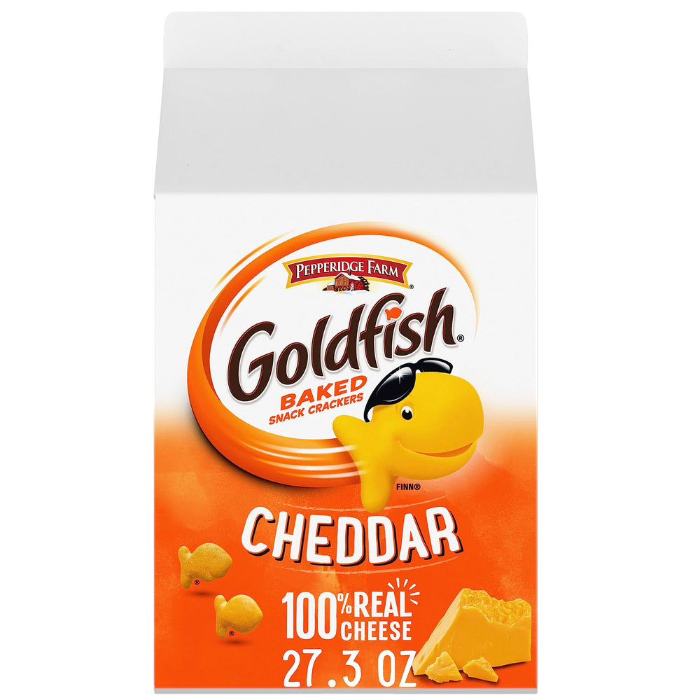 Goldfish Cheddar crackers carton front view, perfect for sharing.