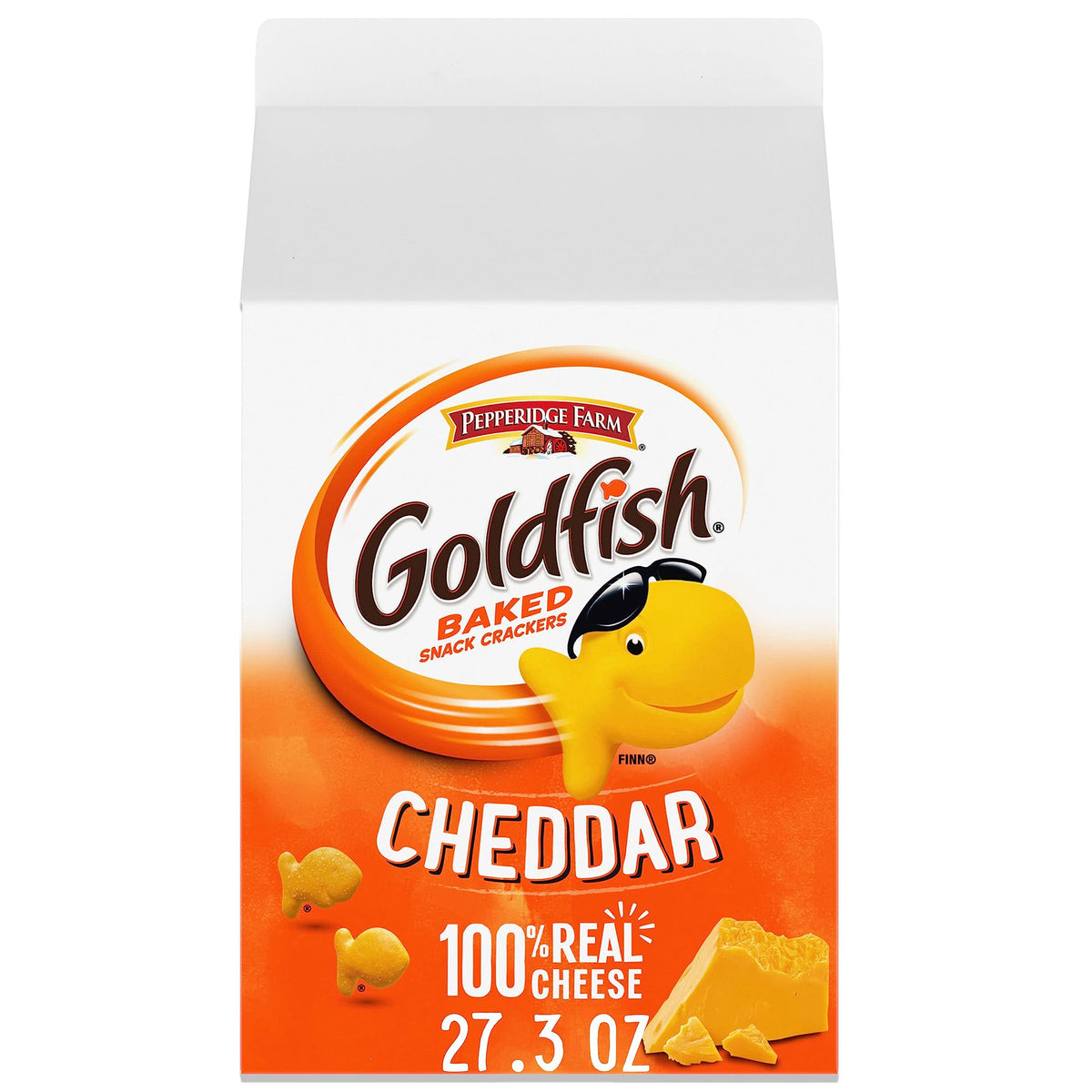 Goldfish Cheddar crackers carton front view, perfect for sharing.