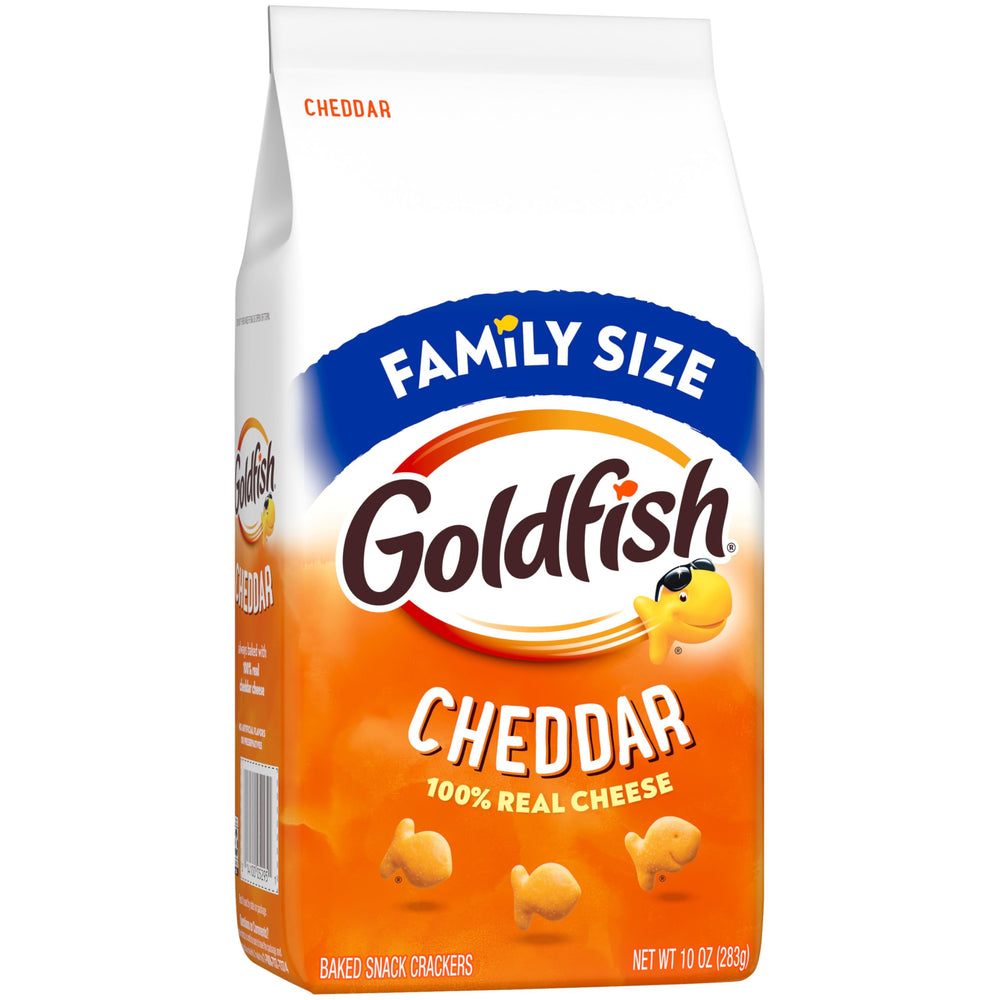 Goldfish Cheddar Crackers bag back view showing 55 pieces serving.
