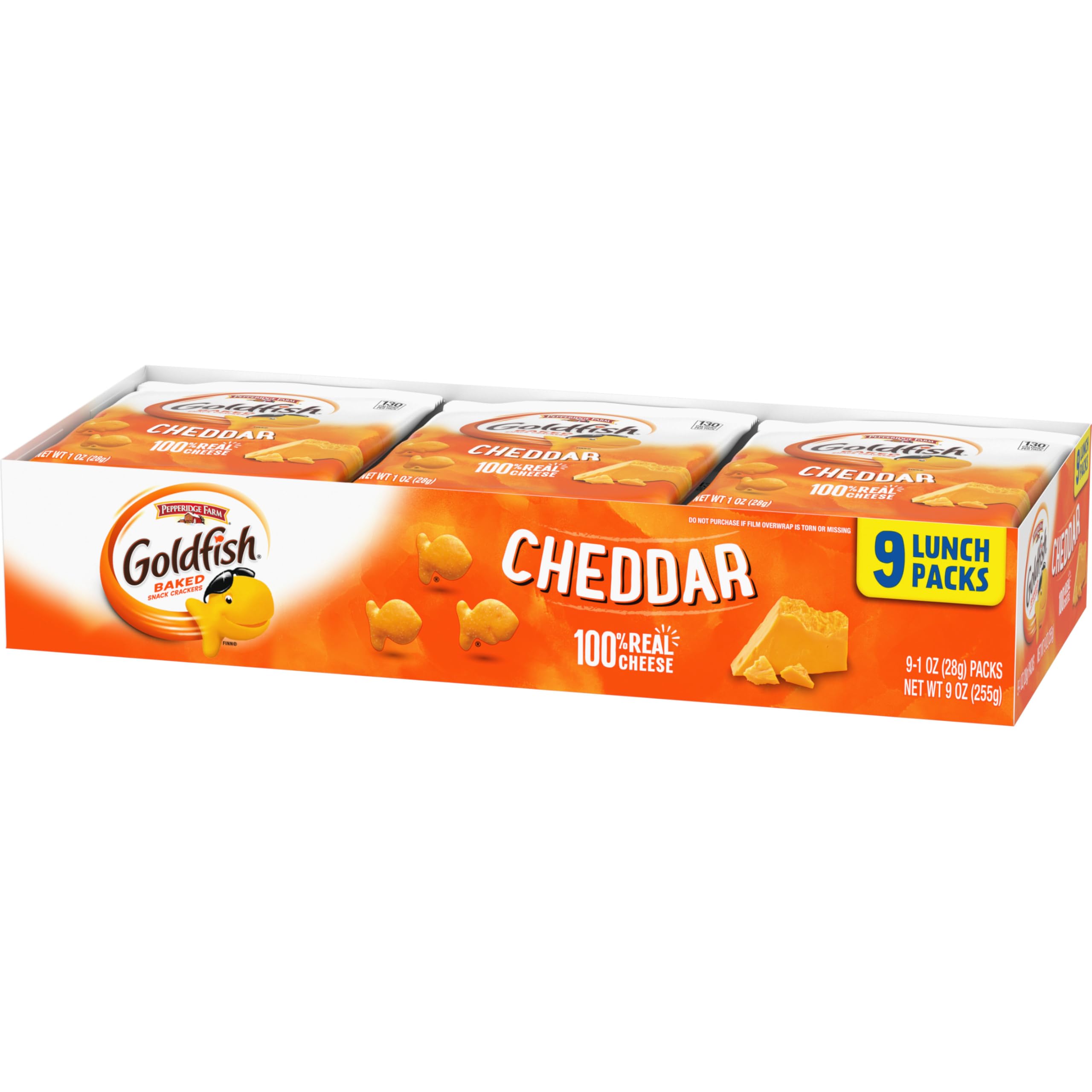 Goldfish Cheddar Crackers brand packaging: trusted cheddar flavor in a convenient tray.