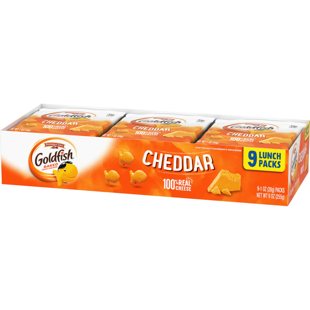 Goldfish Cheddar Crackers brand packaging: trusted cheddar flavor in a convenient tray.