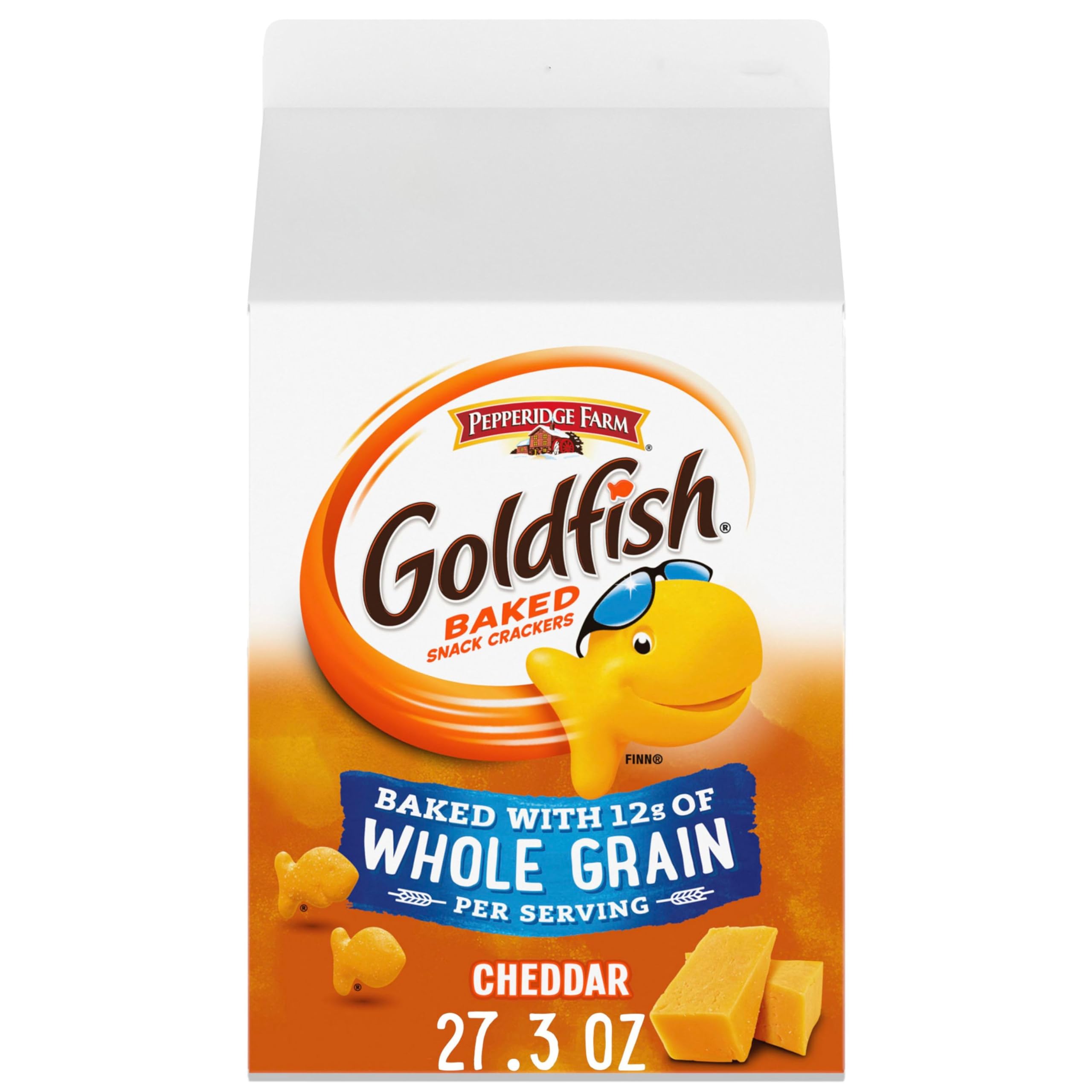Goldfish Cheddar Crackers carton packshot showing a large 27.3 oz carton for family stocking