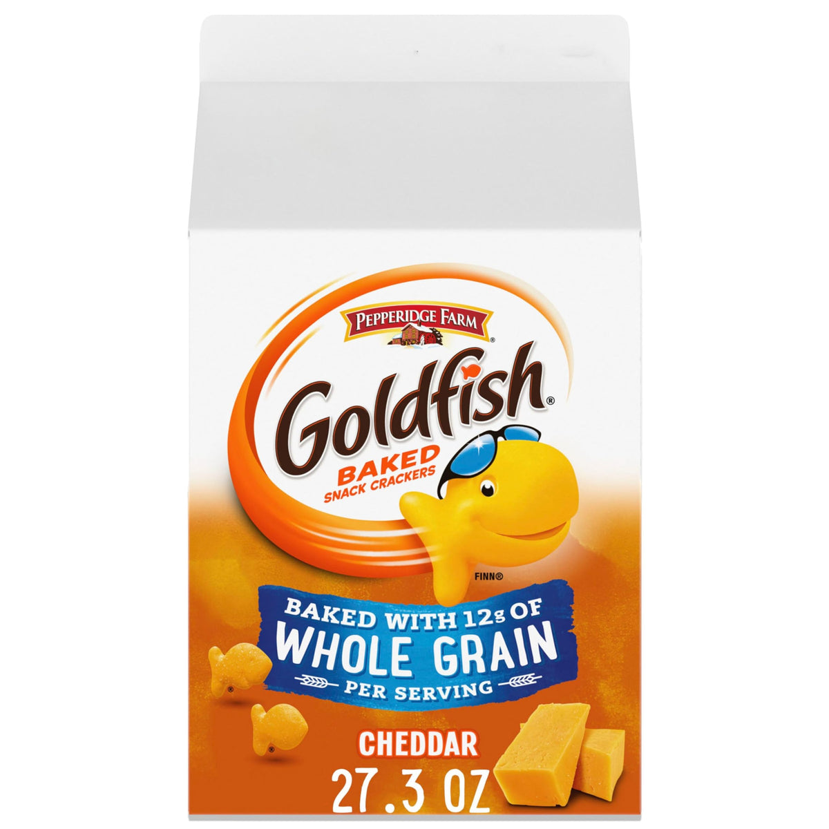 Goldfish Cheddar Crackers carton packshot showing a large 27.3 oz carton for family stocking