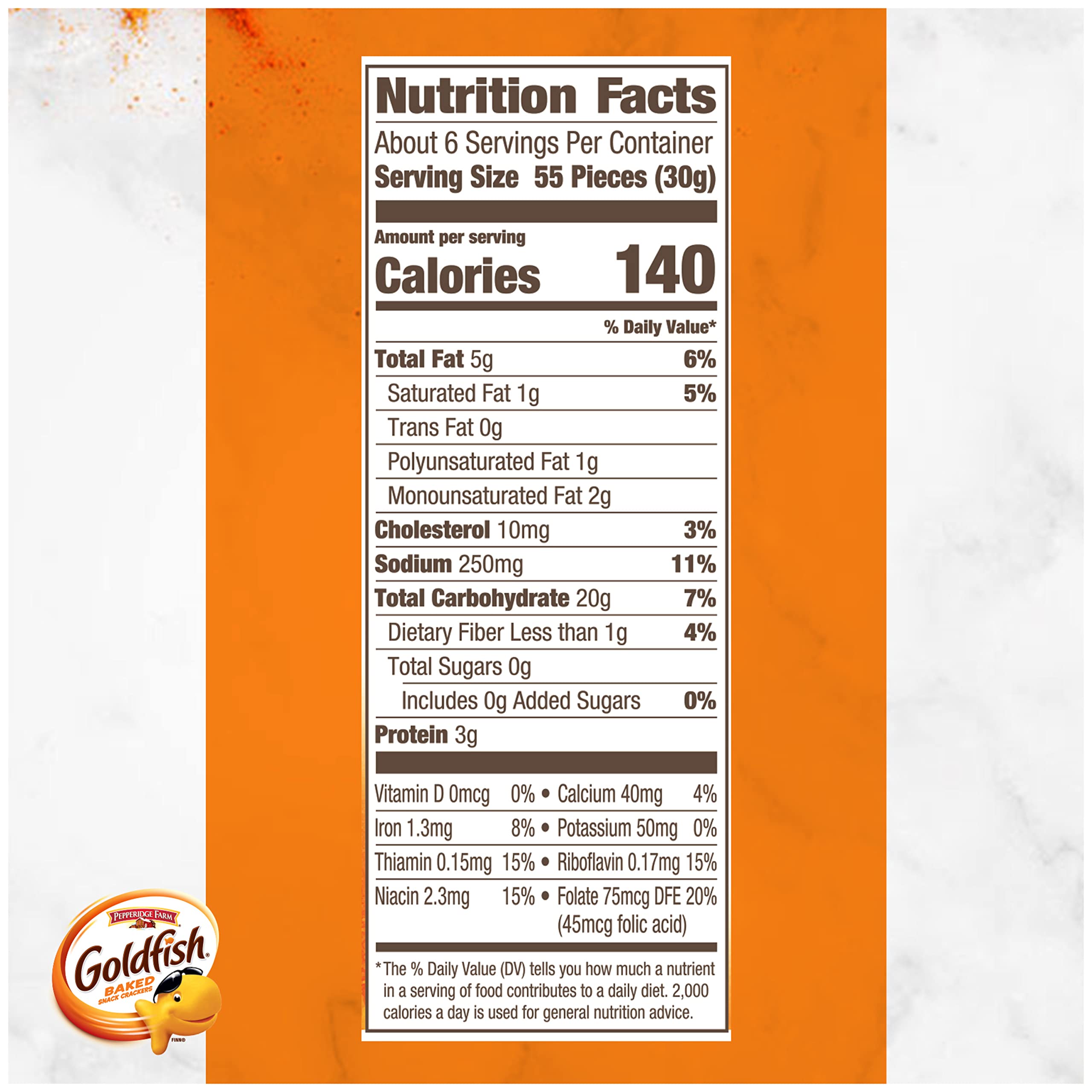 Goldfish Cheddar crackers close-up shows cheddar texture and bite-sized shapes.