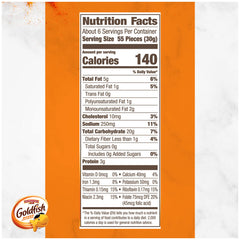 Goldfish Cheddar crackers close-up shows cheddar texture and bite-sized shapes.