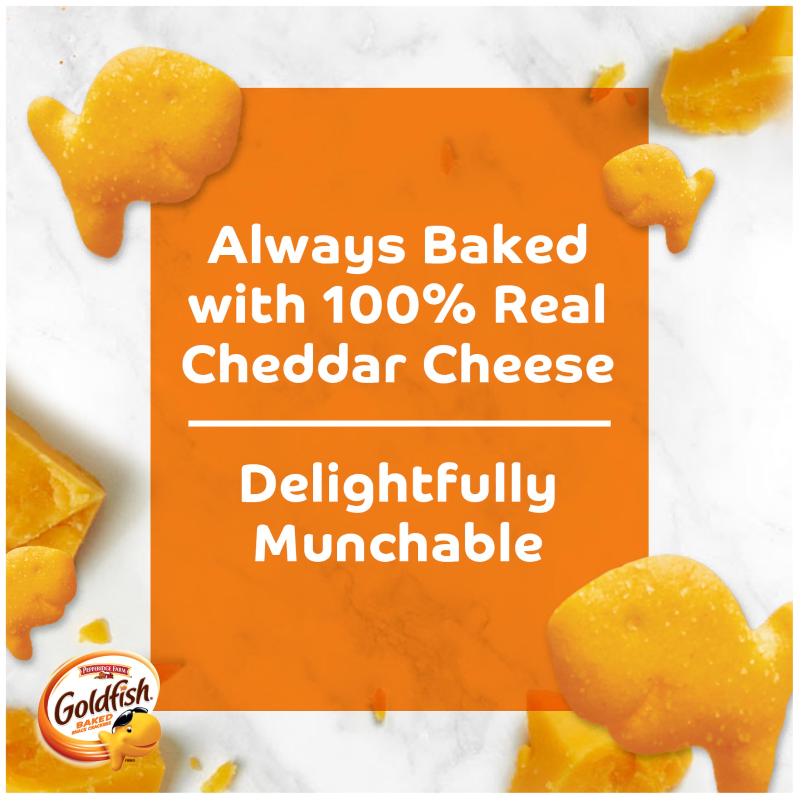 Goldfish Cheddar Crackers closeup showcases real cheddar flavor.
