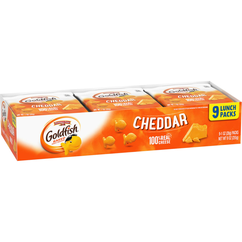 Goldfish Cheddar Crackers nutrition info: 130 calories per 1-pack snack.