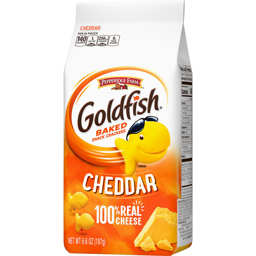 Goldfish Cheddar crackers bag opened, easy to pour into a snack bowl.