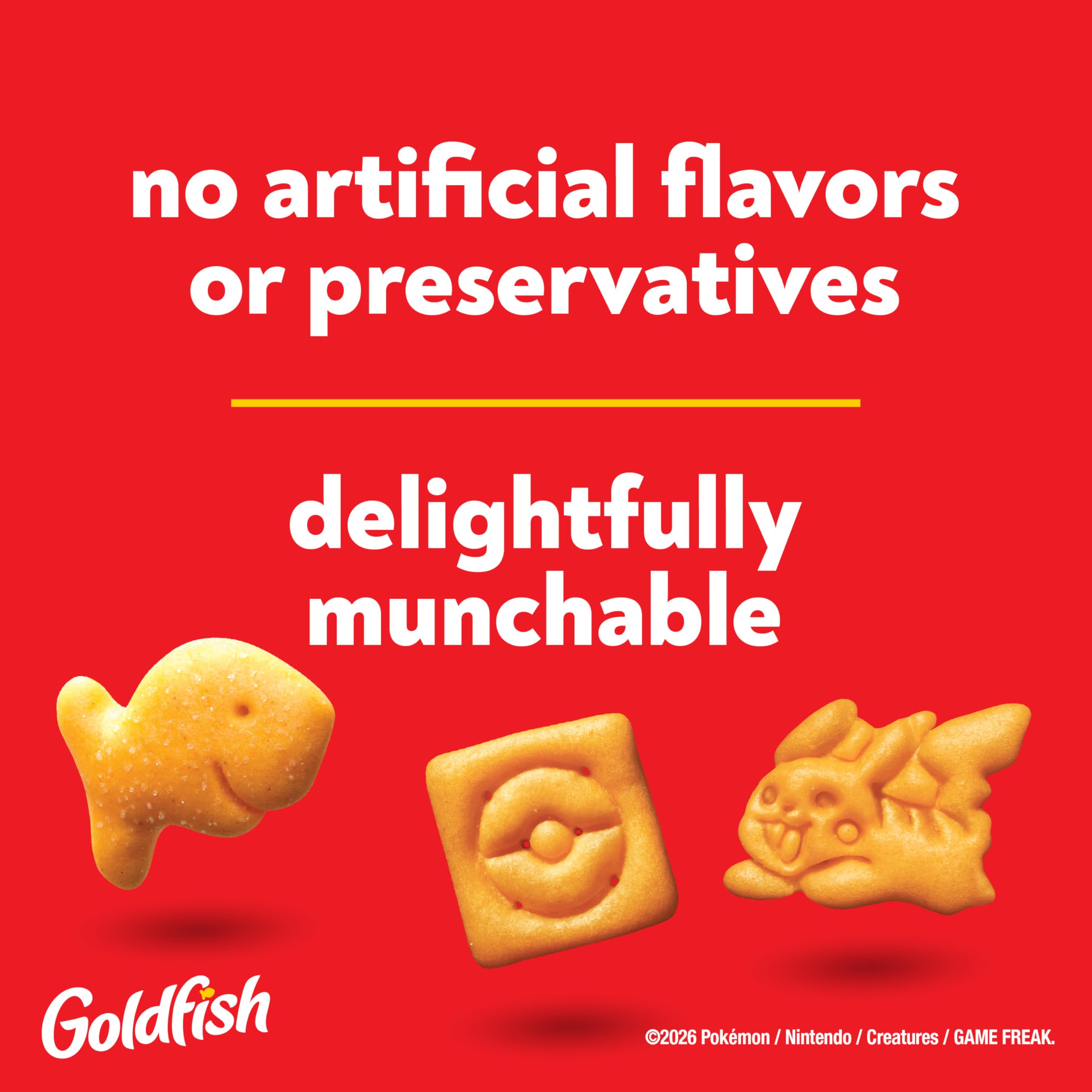 Goldfish cheddar crackers packaging highlighting Pokémon edition and freshness.