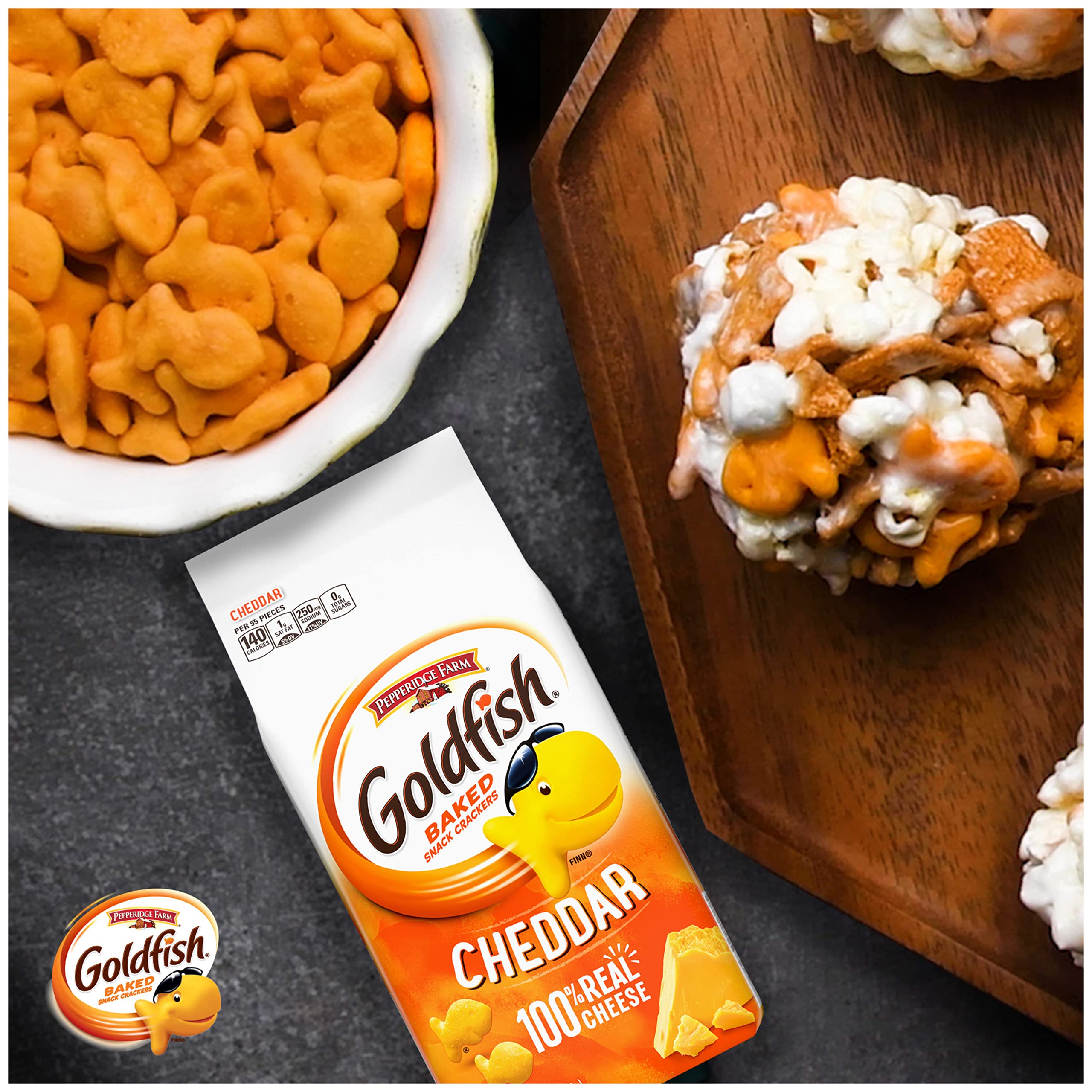 Goldfish Cheddar crackers sprinkled onto bowl of warm soup for taste.