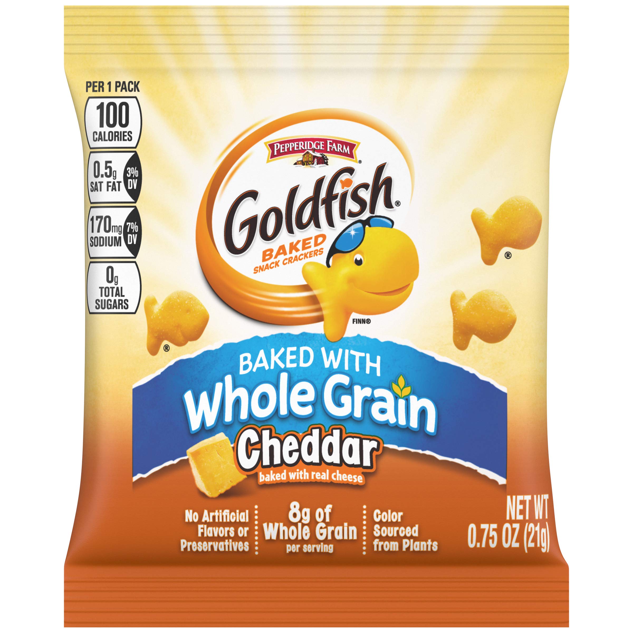 Goldfish front packaging showing brand and portioned pouch benefit