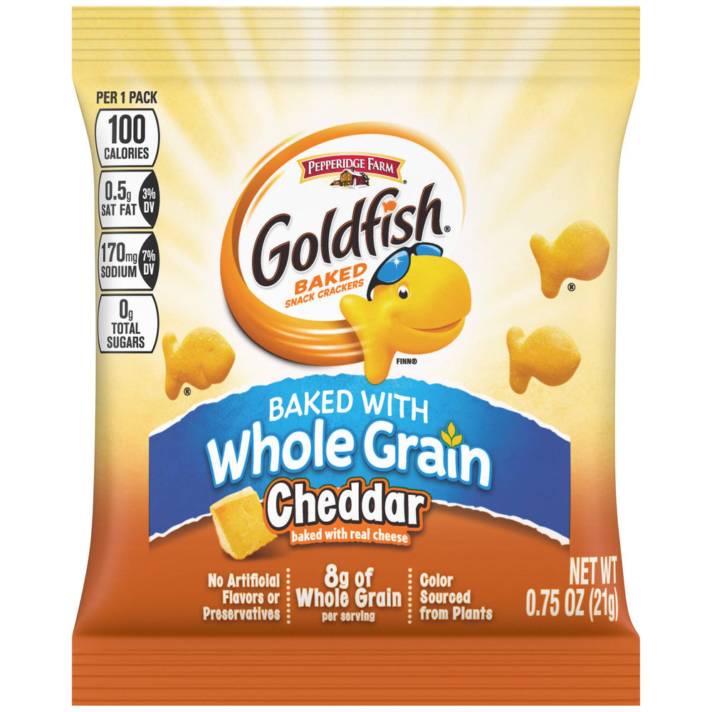 Goldfish front packaging showing brand and portioned pouch benefit