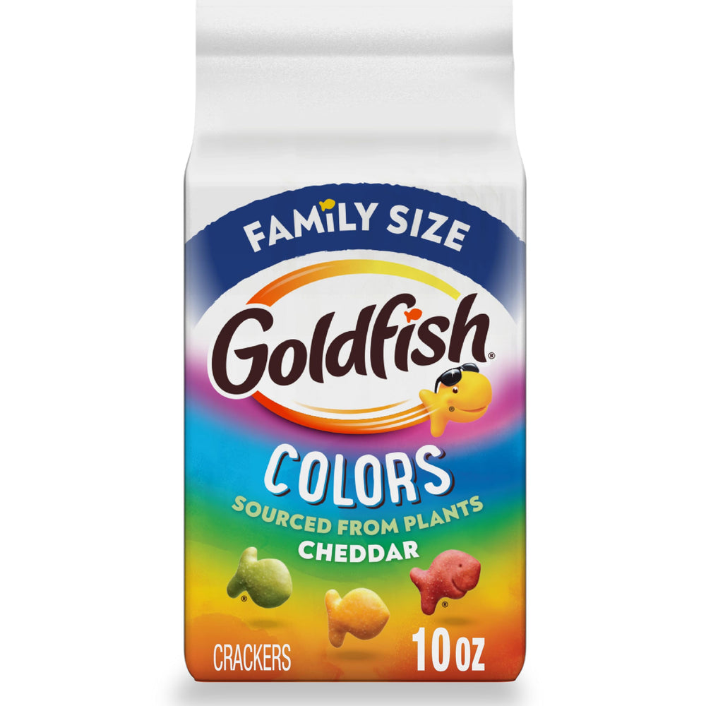 Goldfish Colors Cheddar Crackers in bag, colorful snack for all ages.
