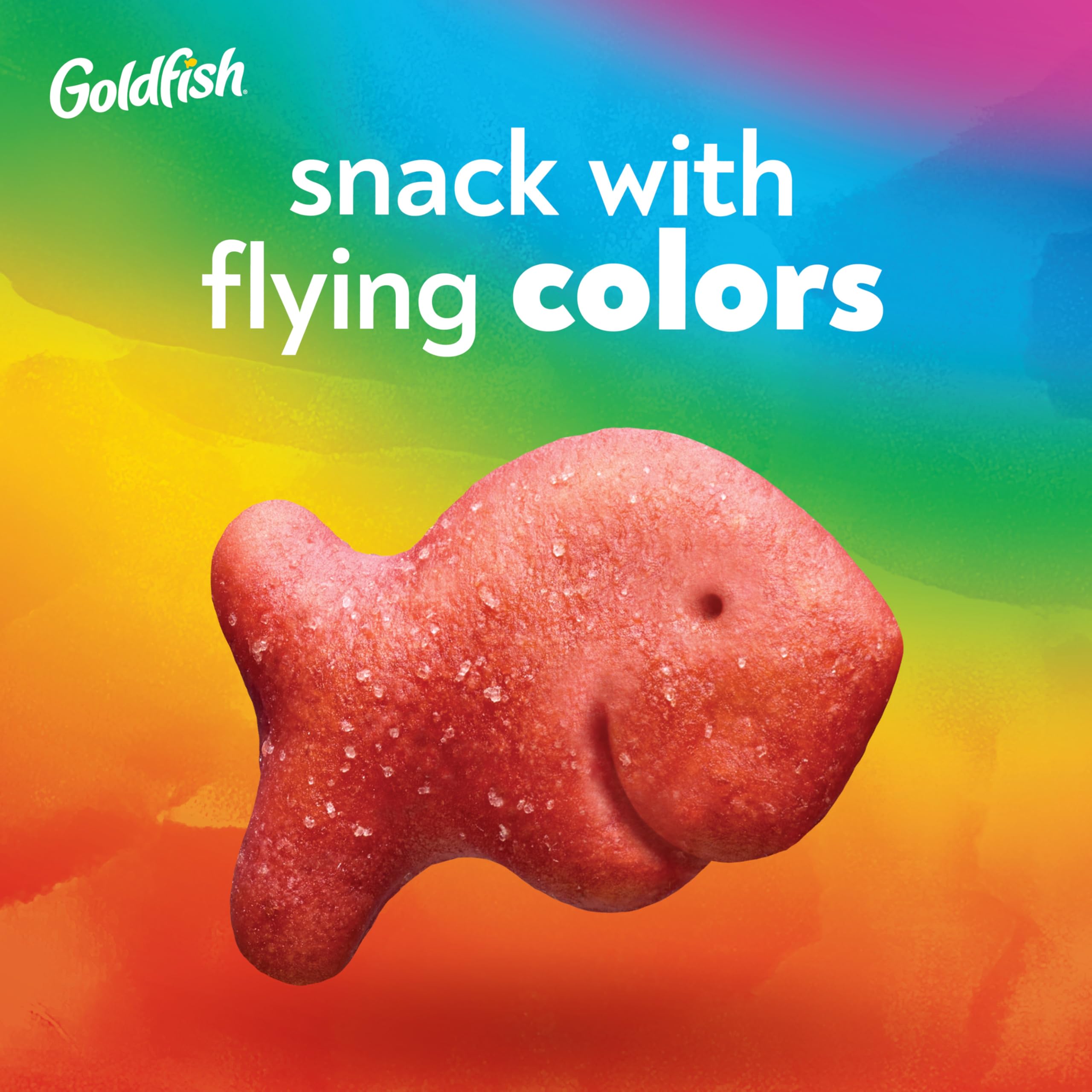 Goldfish Colors Cheddar Crackers close-up, plant-based color variety.