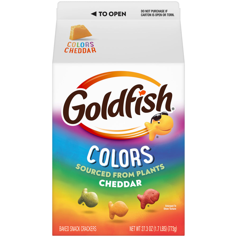 Goldfish Colors Cheddar Cheese Crackers pack displayed for easy sharing and pantry stacking