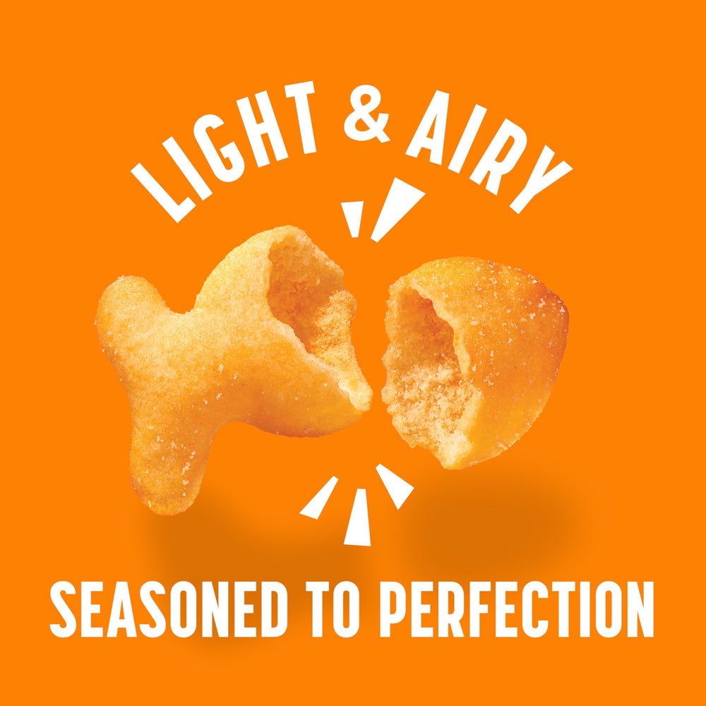 Goldfish cracker close-up, crispy golden texture with cheddar notes.