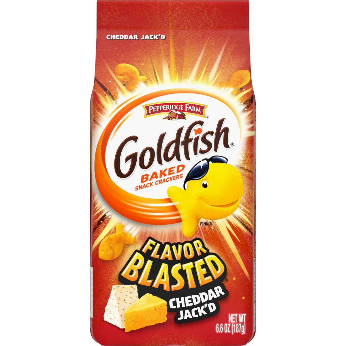 Goldfish Flavor Blasted Cheddar Jack'd crackers in a pack shot for bold snacking