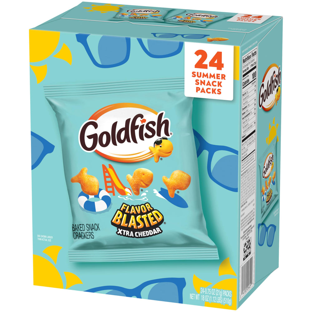 Goldfish snack packs on picnic blanket showing easy outdoor snacking