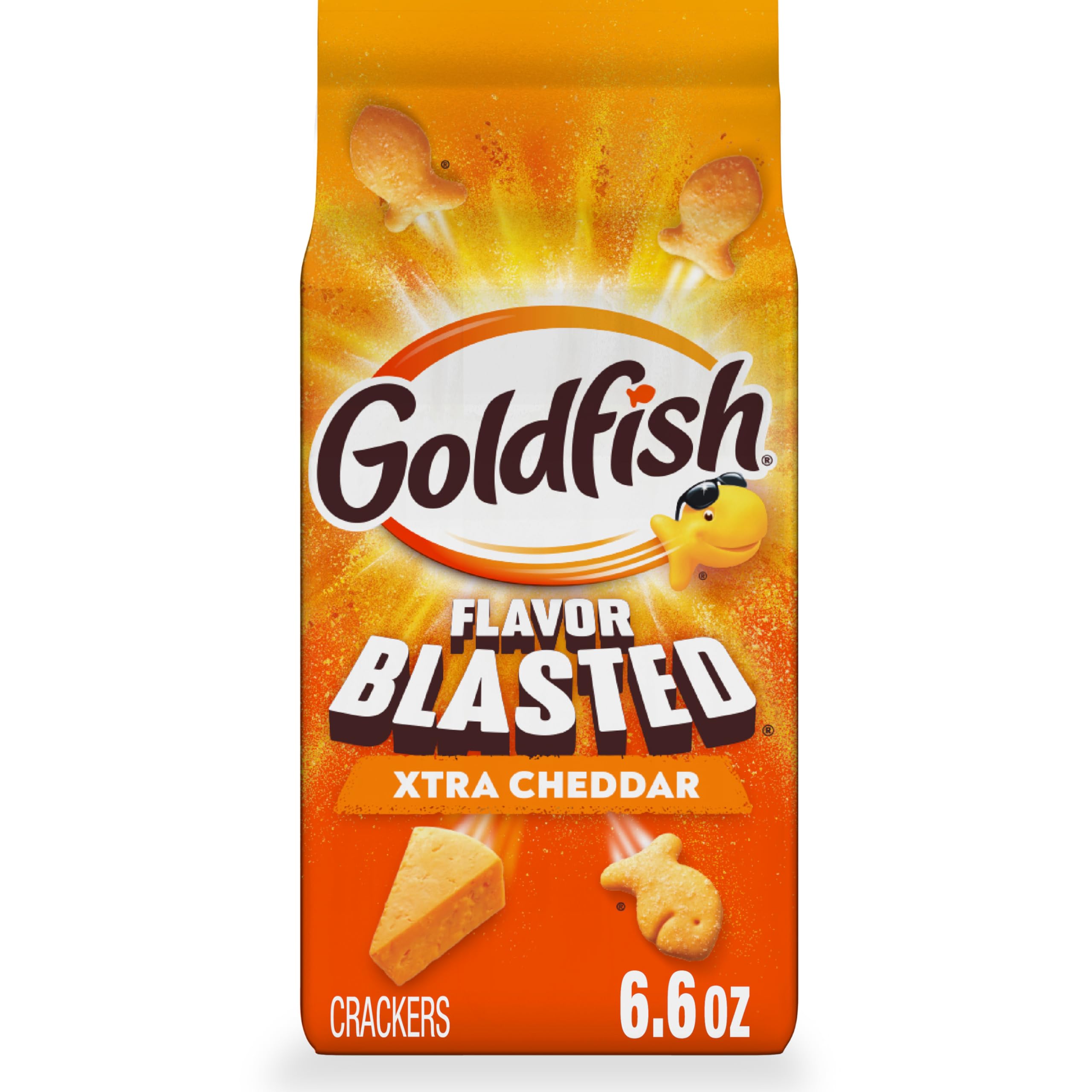 Goldfish Flavor Blasted Xtra Cheddar crackers in bag, bold cheddar flavor for snacking