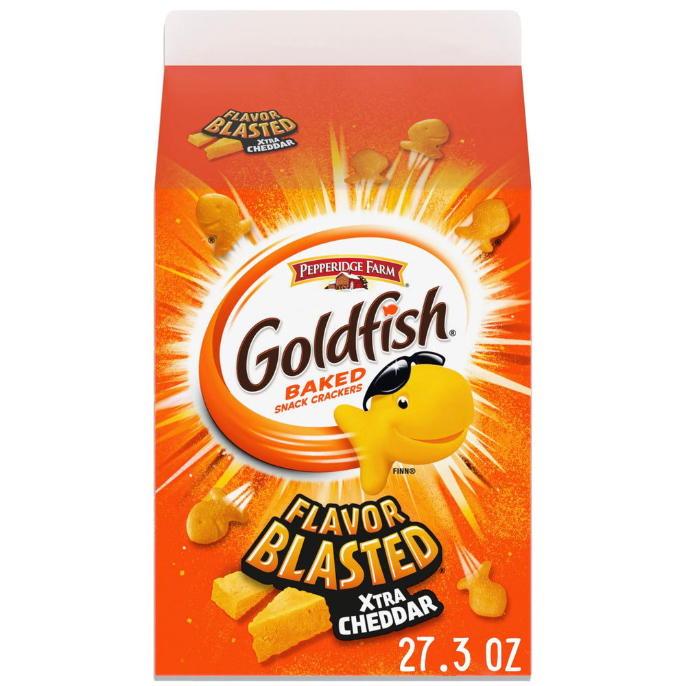 Goldfish Flavor Blasted Xtra Cheddar Crackers bites on a plate showing bold cheddar flavor.