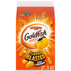 Goldfish Flavor Blasted Xtra Cheddar Crackers bites on a plate showing bold cheddar flavor.