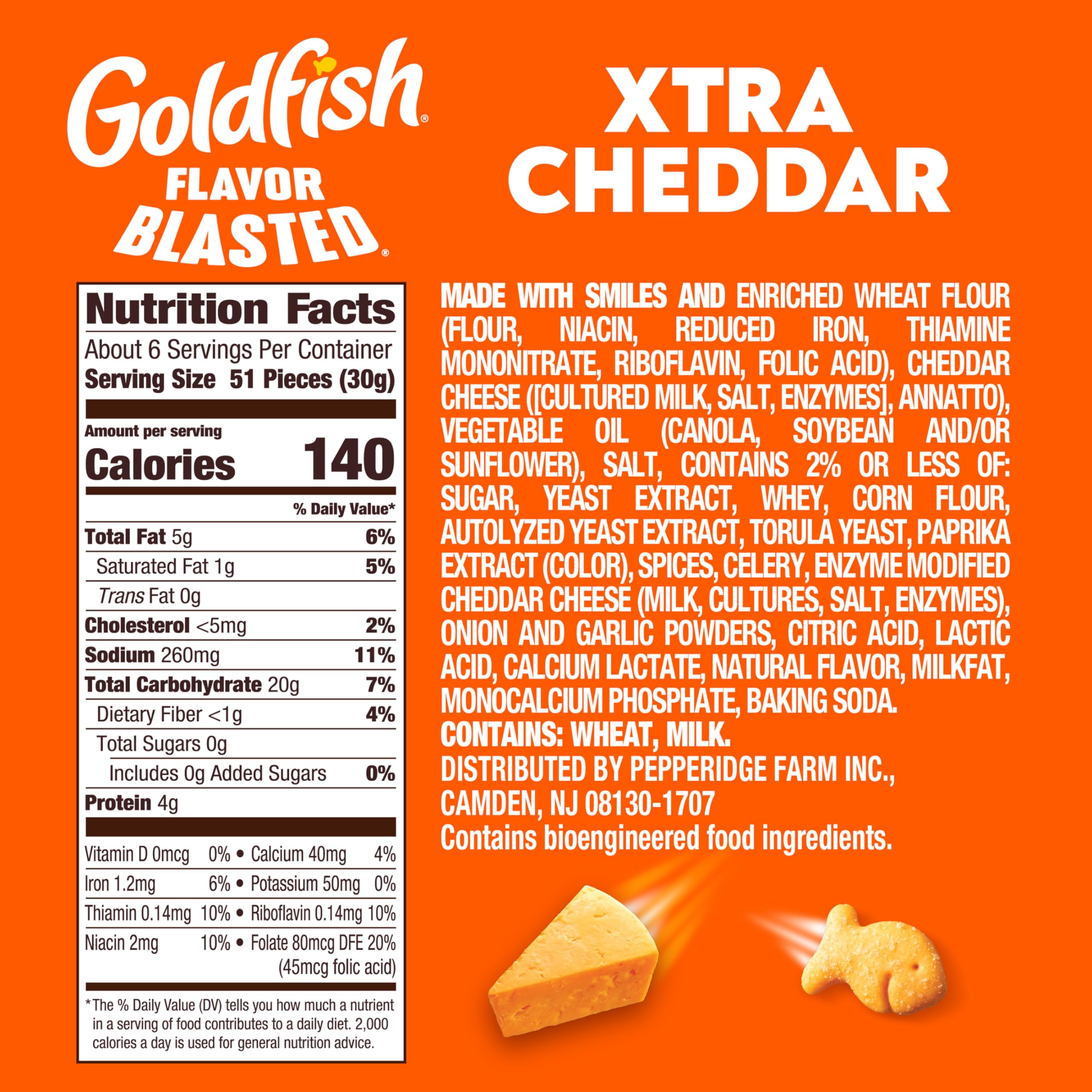 Goldfish Flavor Blasted Xtra Cheddar crackers closeup, crunchy bite for lunchboxes