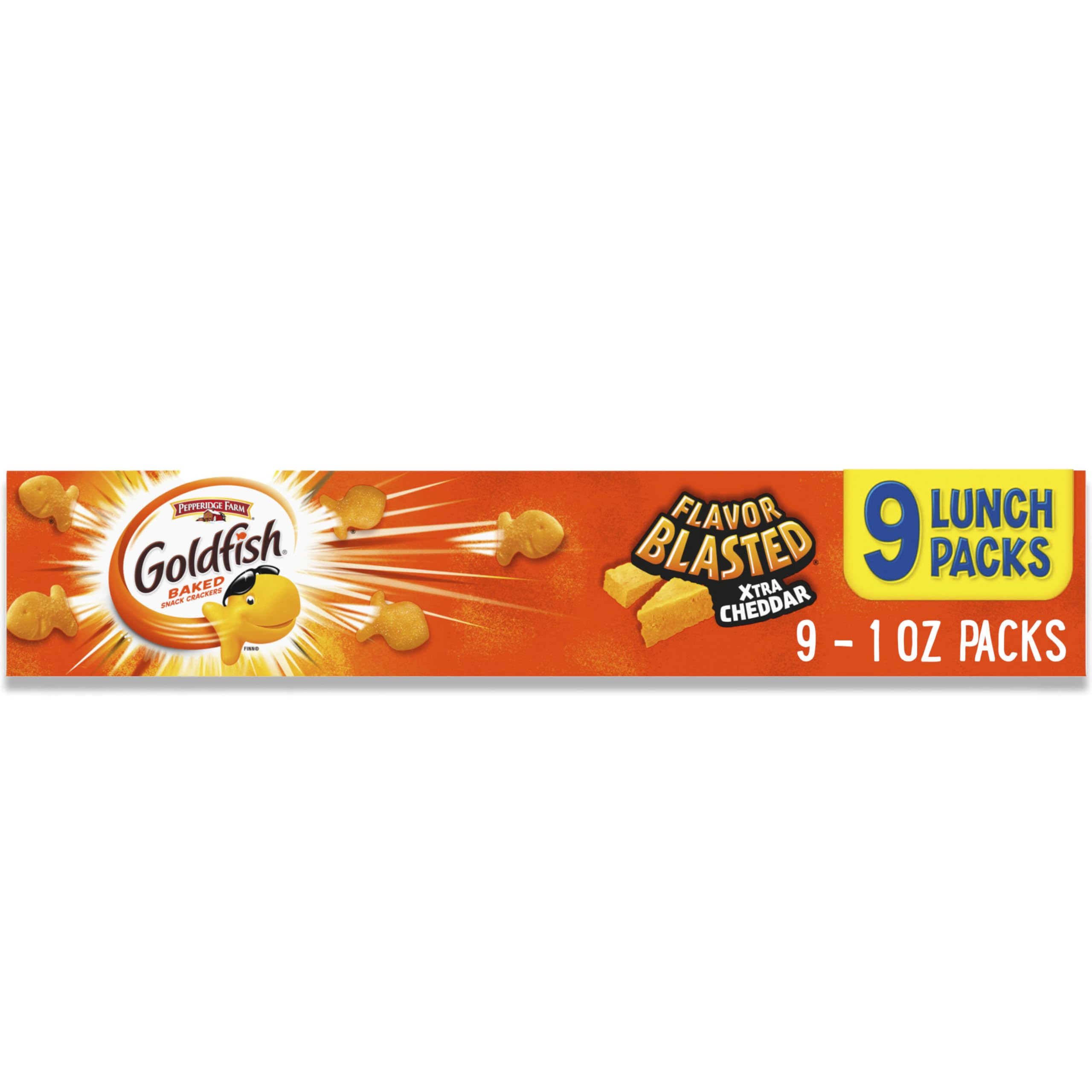 Goldfish Flavor Blasted Xtra Cheddar crackers pack for convenient on-the-go snacking.