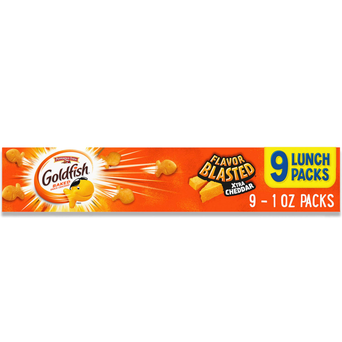 Goldfish Flavor Blasted Xtra Cheddar crackers pack for convenient on-the-go snacking.