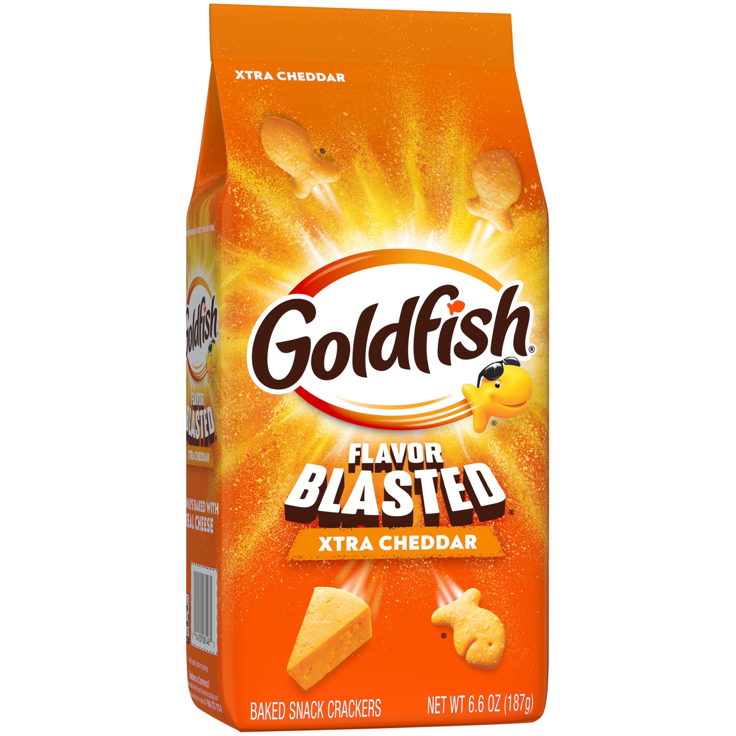 Goldfish Flavor Blasted Xtra Cheddar crackers beside sandwich