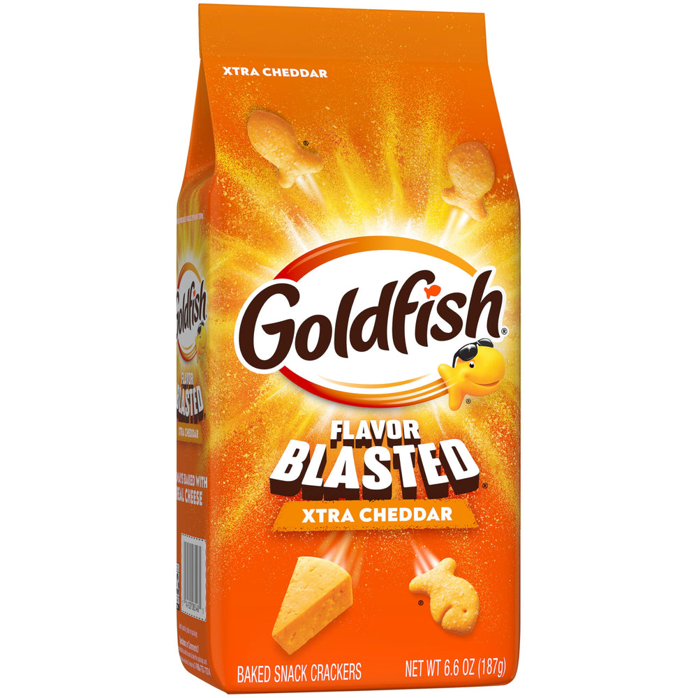 Goldfish Flavor Blasted Xtra Cheddar crackers beside sandwich