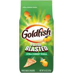Goldfish Flavor Blasted Xtra Cheesy Pizza crackers in pack, ready to share