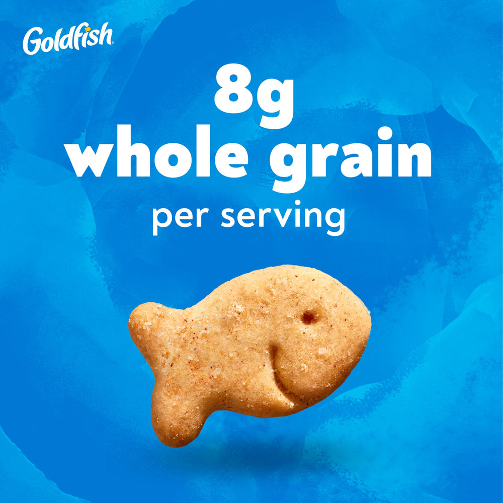 Goldfish Grahams Cinnamon Roll crackers bag on kitchen counter, easy grab-and-go snack.