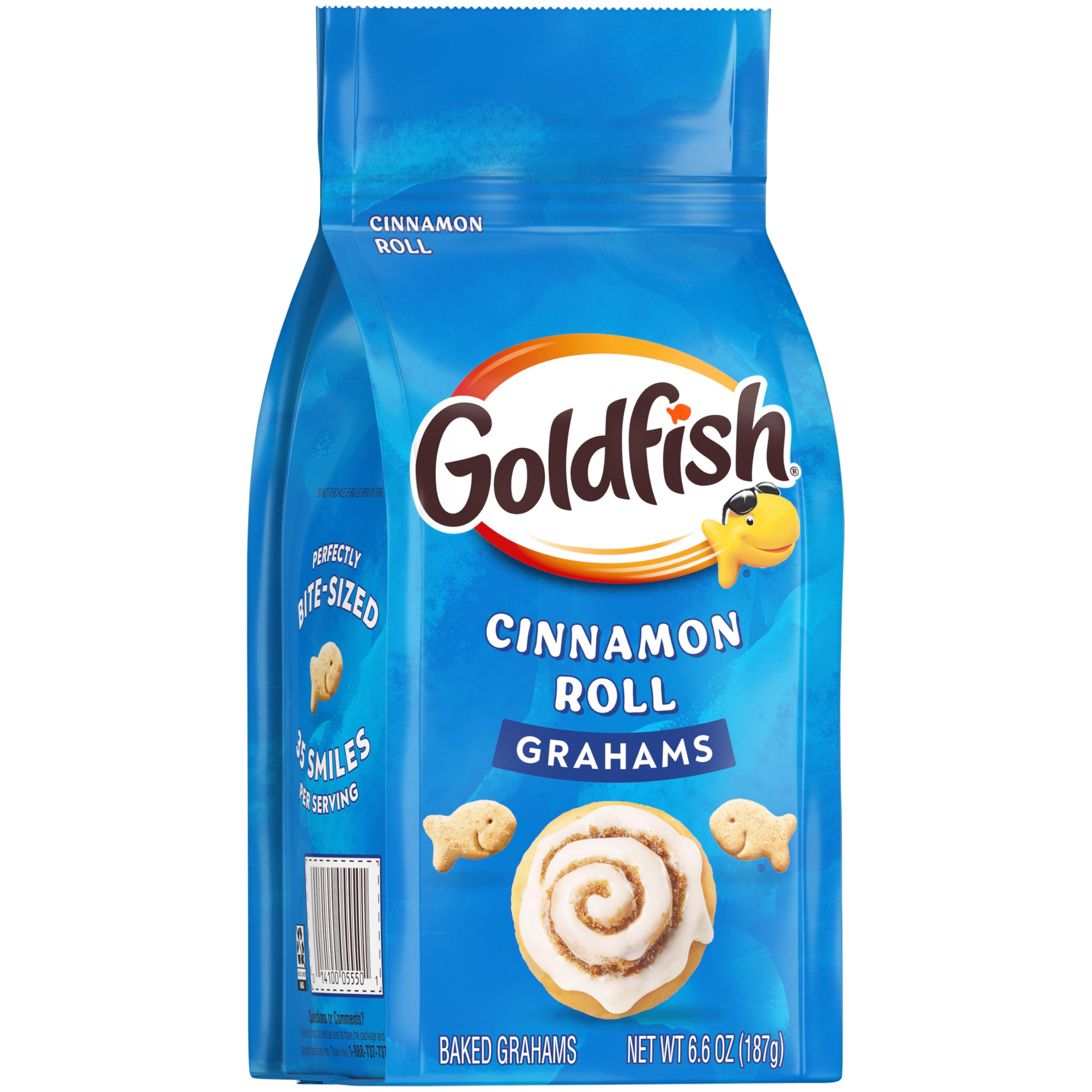 Goldfish Grahams Cinnamon Roll crackers with nutrition label visible, transparency for informed choices.