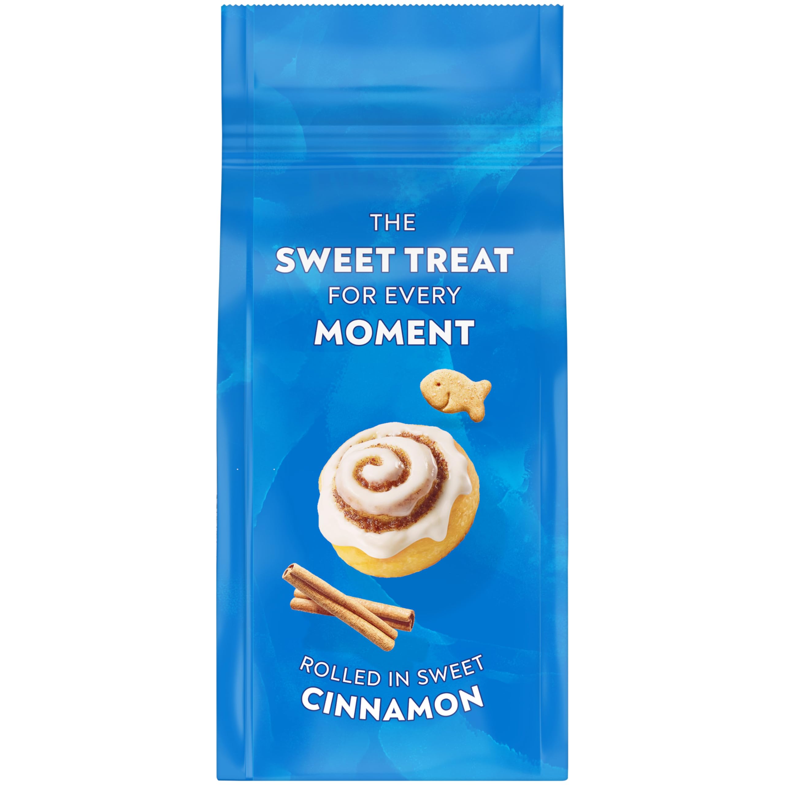 Goldfish Grahams Cinnamon Roll crackers stacked in a row, showcasing the snack's uniform shapes.