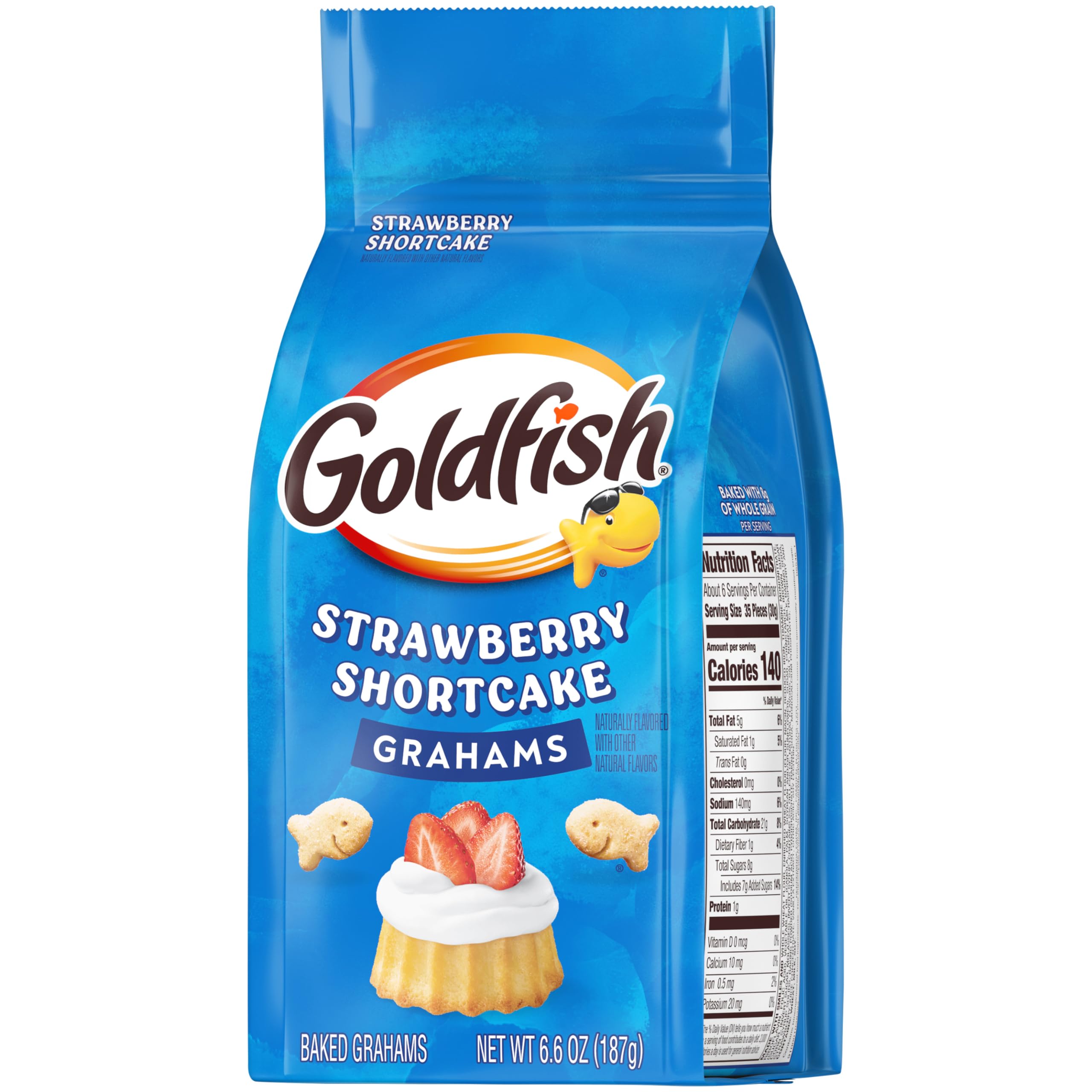 Goldfish Grahams Strawberry Shortcake bag highlighting no artificial flavors.
