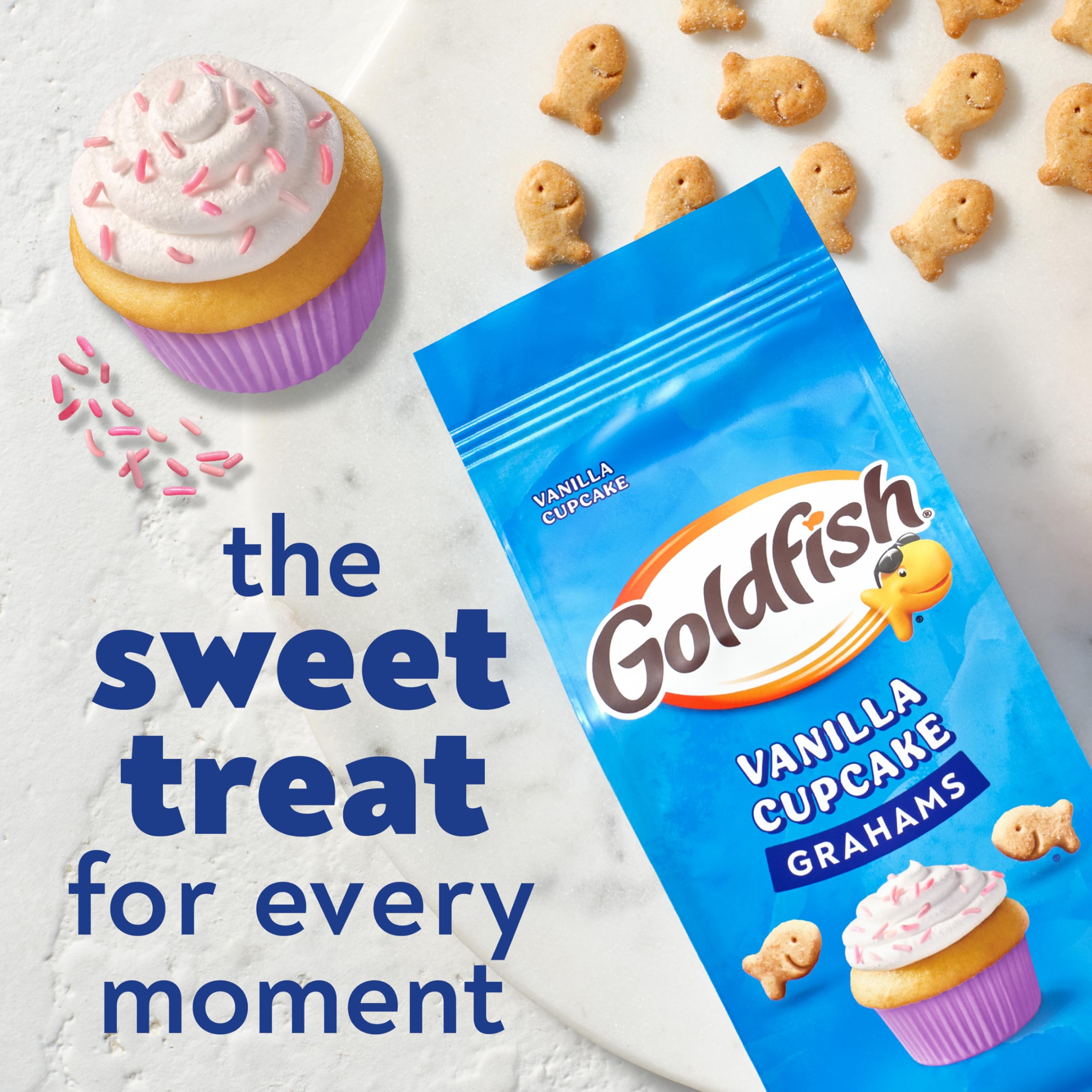 Goldfish Grahams Vanilla Cupcake closeup cracker showing texture and sweetness.