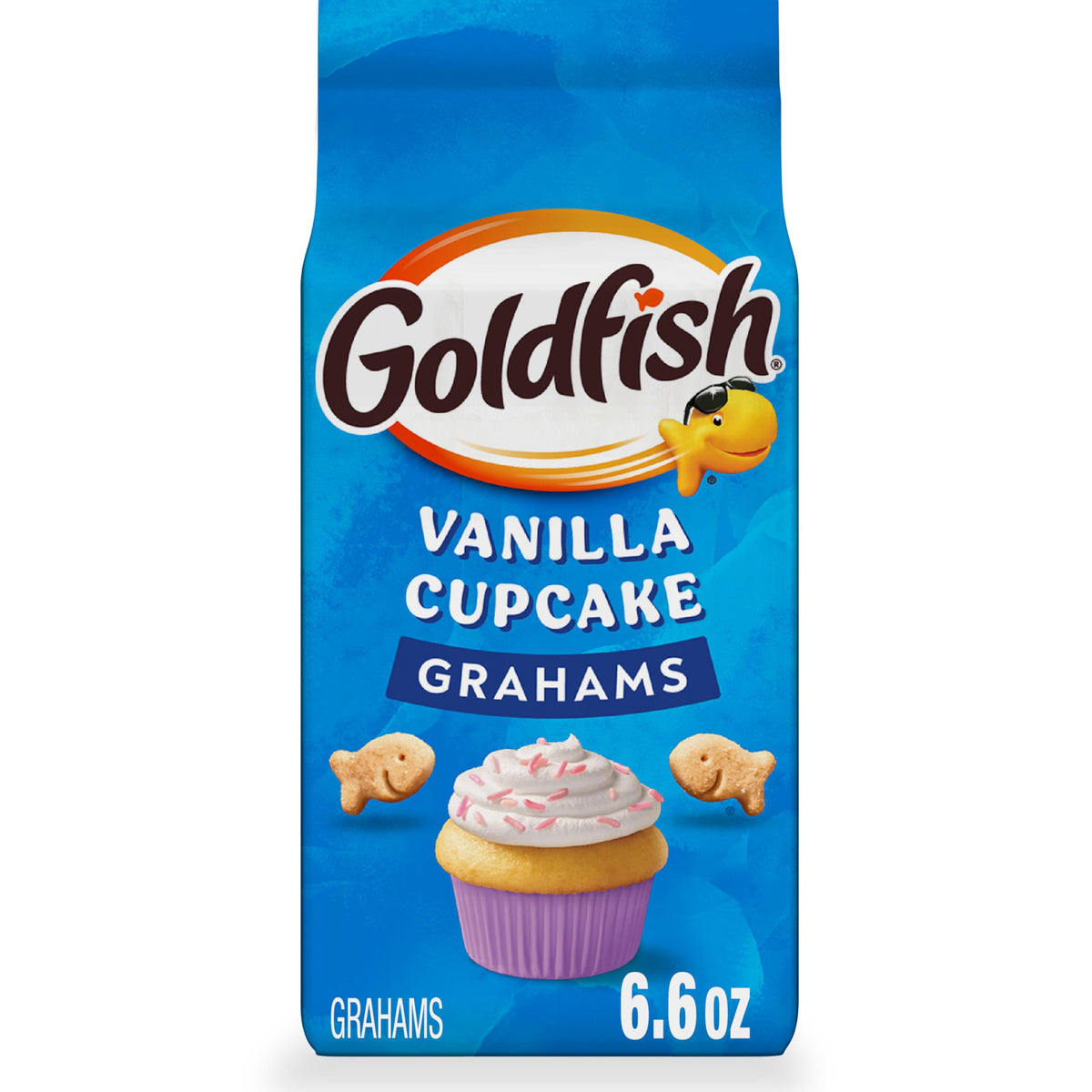 Goldfish Grahams Vanilla Cupcake front view, crunchy vanilla flavor for quick snacking.
