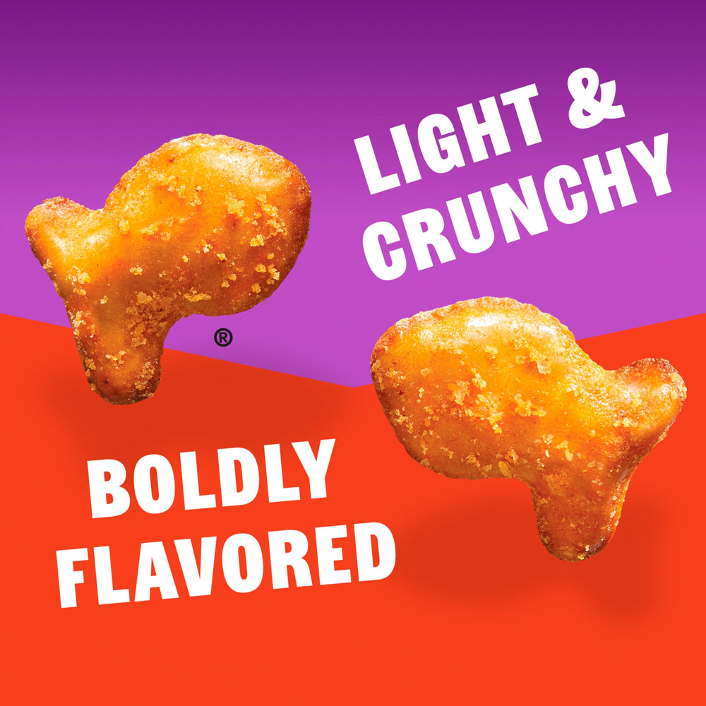 Goldfish Hot Buffalo Pretzels top-view bag emphasizes shareable snack ideal for gatherings