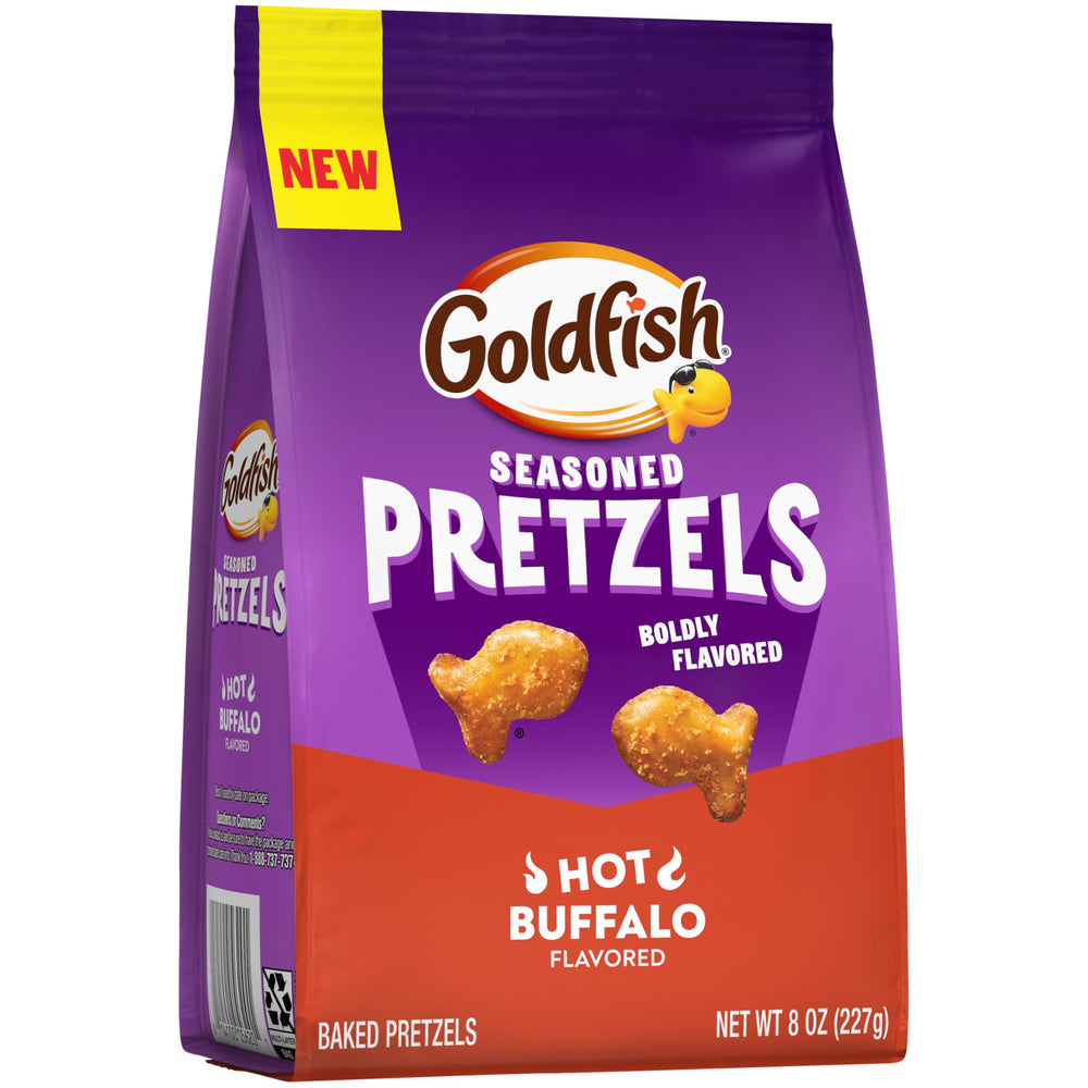 Goldfish Hot Buffalo Pretzels 8oz bag on table suggests shareable party snack